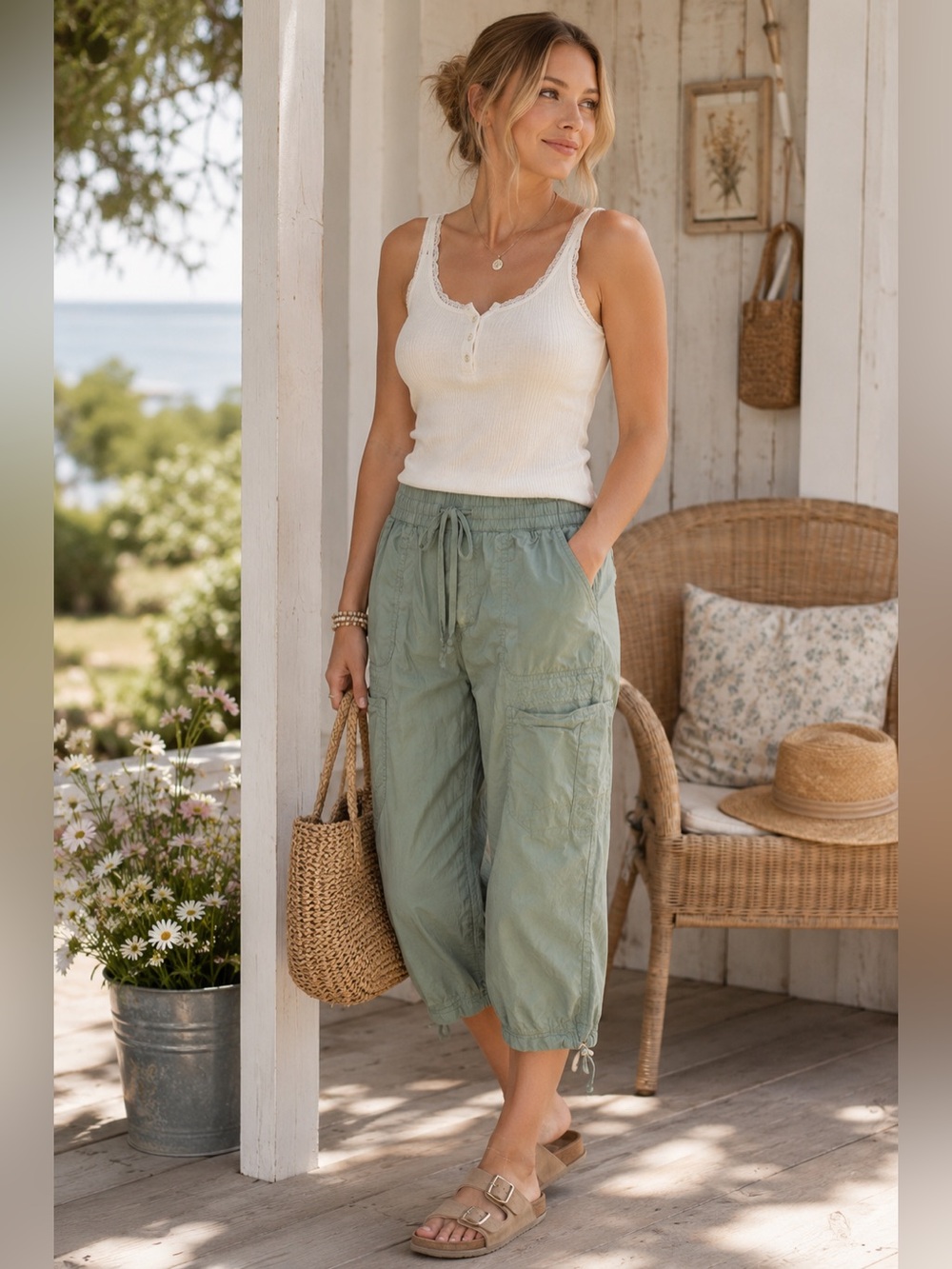 Democracy Size 12 Sage/Olive Green Capri Cargo Pants Soft Granola Coastal Pastel